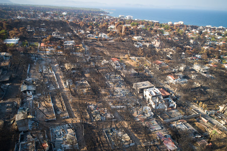 Mati, Athens - July 26, 2018: Aerial view shows a burnt area following a wildfire in the village of Mati, near Athens. Wildfires occurred on the 23 of July , left for the moment 92 people dead.のeditorial素材
