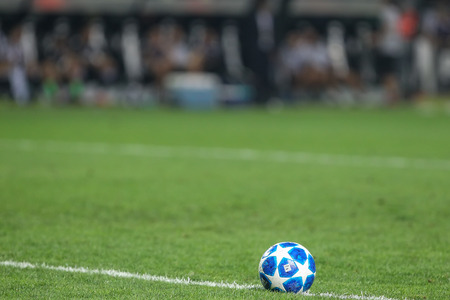 Thessaloniki, Greece - August 29, 2018: Official UEFA Champions League match ball on the grass during UEFA Champions League game PAOK vs FC Benfica  at Toumba Stadiumのeditorial素材