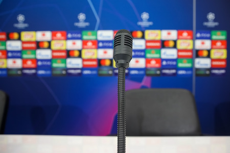 Thessaloniki, Greece - August 28, 2018: Close up on the microphone at the press conference before UEFA Champions League game PAOK vs FC Benfica played at Toumba Stadium. Shallow dofのeditorial素材