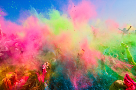Thessaloniki, Greece - September 2, 2018: Crowds of unidentified people throw colour powder during the "Day of Colours" annual event.のeditorial素材