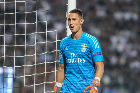 Thessaloniki, Greece - August 29, 2018: Player of Benfica Odisseas Vlachodimos in action during the UEFA Champions League Play-offs , 2nd leg PAOK vs FC Benfica played at Toumba Stadiumのeditorial素材