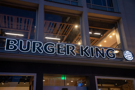 Amsterdam, Netherland - July 7, 2018: The logo of the fast food chain "Burger King" Amsterdam, Netherland. Burger King is a global chain of hamburger fast food restaurantsのeditorial素材