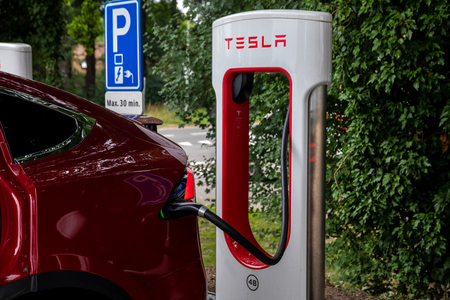 Horst, Netherlands - June 25, 2018: Tesla Super Charging station on Horst .Tesla Supercharger stations allow Tesla cars to be fast-charged at the network within an 30 minのeditorial素材