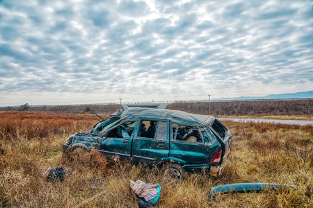 Thessaloniki, Greece - November 13, 2018: A dead and nine injured illegal immigrants are the report of the traffic accident on a bypass of the Egnatia Motorway in Thessalonikiのeditorial素材
