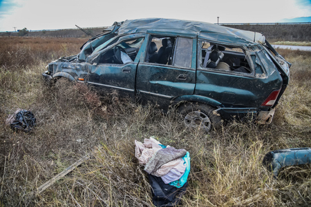 Thessaloniki, Greece - November 13, 2018: A dead and nine injured illegal immigrants are the report of the traffic accident on a bypass of the Egnatia Motorway in Thessalonikiのeditorial素材
