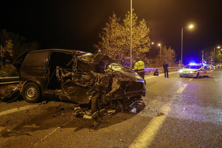 Asprovalta, Greece - November 9, 2018: One dead and twenty-four wounded with illegal immigrants is the report of the road accident of a van by truck that was noted at the Egnatia Motorway, Asprovaltaのeditorial素材