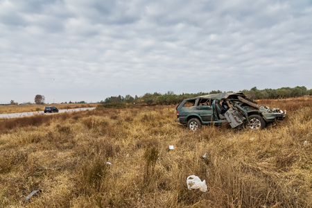 Thessaloniki, Greece - November 13, 2018: A dead and nine injured illegal immigrants are the report of the traffic accident on a bypass of the Egnatia Motorway in Thessalonikiのeditorial素材