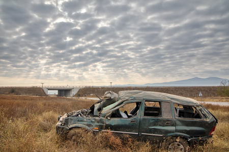 Thessaloniki, Greece - November 13, 2018: A dead and nine injured illegal immigrants are the report of the traffic accident on a bypass of the Egnatia Motorway in Thessalonikiのeditorial素材