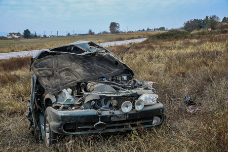 Thessaloniki, Greece - November 13, 2018: A dead and nine injured illegal immigrants are the report of the traffic accident on a bypass of the Egnatia Motorway in Thessalonikiのeditorial素材