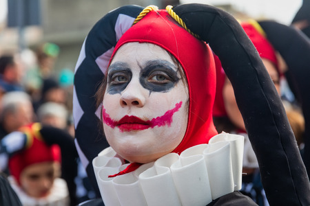 Xanthi, Greece - February 18 ,2018: People dressed in colorful costumes during the annual carnival parade in Xanthi, Greece.The event is very popular among the neighborhood countries as well.のeditorial素材