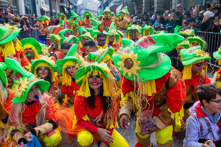 Xanthi, Greece - February 18 ,2018: People dressed in colorful costumes during the annual carnival parade in Xanthi, Greece.The event is very popular among the neighborhood countries as well.のeditorial素材