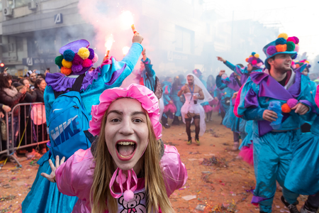 Xanthi, Greece - February 18 ,2018: People dressed in colorful costumes during the annual carnival parade in Xanthi, Greece.The event is very popular among the neighborhood countries as well.のeditorial素材