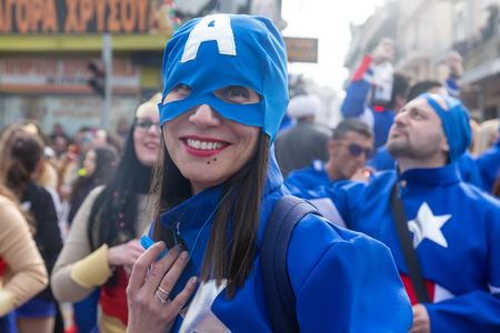 Xanthi, Greece - February 18 ,2018: People dressed in colorful costumes during the annual carnival parade in Xanthi, Greece.The event is very popular among the neighborhood countries as well.のeditorial素材