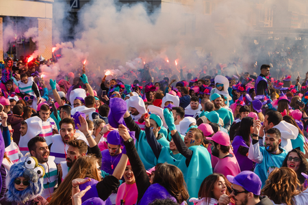 Xanthi, Greece - February 18 ,2018: People dressed in colorful costumes during the annual carnival parade in Xanthi, Greece.The event is very popular among the neighborhood countries as well.のeditorial素材
