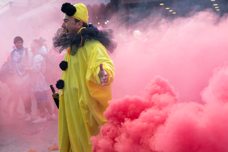 Xanthi, Greece - February 18 ,2018: People dressed in colorful costumes during the annual carnival parade in Xanthi, Greece.The event is very popular among the neighborhood countries as well.のeditorial素材