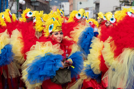 Xanthi, Greece - February 18 ,2018: People dressed in colorful costumes during the annual carnival parade in Xanthi, Greece.The event is very popular among the neighborhood countries as well.のeditorial素材