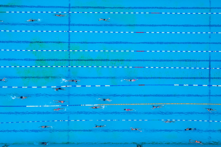 Aerial view of swimming pool with marked lanes and swimmersの写真素材
