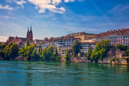Basel, Switzerland - August 1, 2018: The river Rhine and the historic center of Baselのeditorial素材