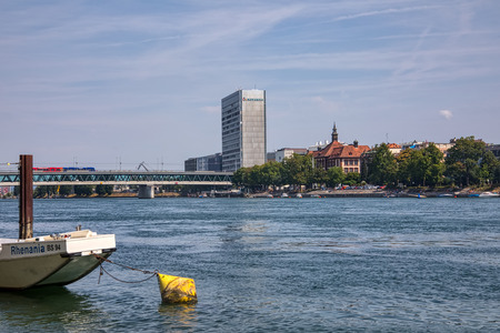 Basel, Switzerland - August 1, 2018: The river Rhine and the historic center of Basel