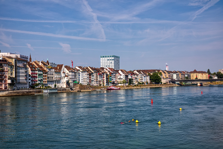 Basel, Switzerland - August 1, 2018: The river Rhine and the historic center of Basel
