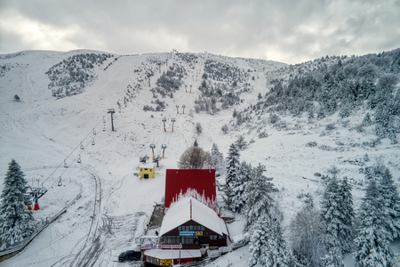 Seli, Greece - November 30, 2018: Aerial View at Ski Resort Seli in the mountain range of Vermio, top Tourist Destination in Northern Greeceのeditorial素材