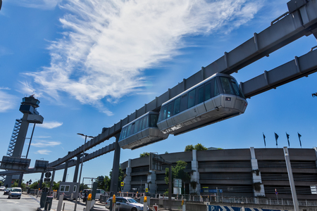 Dusseldorf, Germany - July 3, 2018: Public transportation system Sky-Train hanging from elevated...
