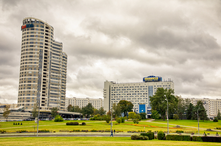 Minsk, Belarus - Îctober 4, 2018: view of the part of the Minsk with high buildings. Minsk is the capital and largest city of Belarus.のeditorial素材