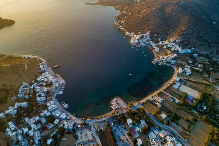Aerial view of Katapola vilage, Amorgos island, Cyclades, Aegean, Greeceの写真素材