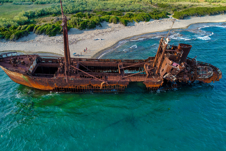 aerial view of Shipwreck Dimitrios (formerly called Klintholm) in Gythio Peloponnese, in Greeceの写真素材