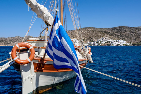 Amorgos, Greece - July 31, 2018: traditonal fishing boats in Katapola port, Amorgos island, Greece