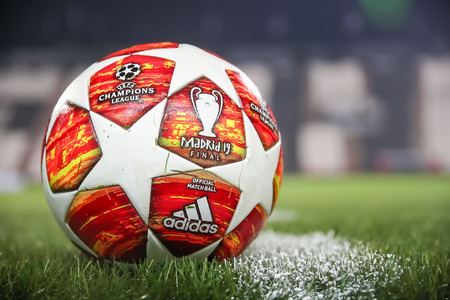 Thessaloniki, Greece - February 19, 2019: Official Champions League football ball in the field before the match UEFA Youth League for second round between  Paok - Tottenham at Toumba stadiumのeditorial素材