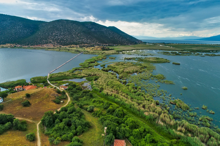 aerial view of island of Agios Achilios in lake Small Prespes, Northern Greeceの写真素材