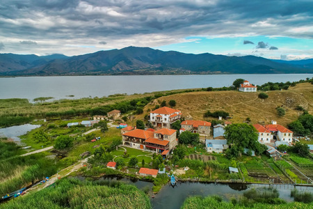 aerial view of island of Agios Achilios in lake Small Prespes, Northern Greece