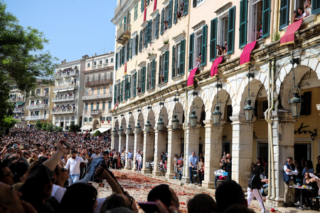 Corfu, Greece - April 27, 2019: Corfians throw clay pots from windows and balconies on Holy Saturday to celebrate the Resurrection of Christのeditorial素材