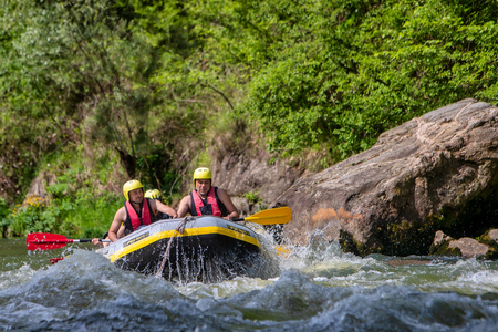 Paranesti, Drama, Greece - May 1, 2019: adventure team doing rafting on the cold waters of the Nestos River in Paranesti. Nestos river is one of the most popular among rafters in Greeceのeditorial素材