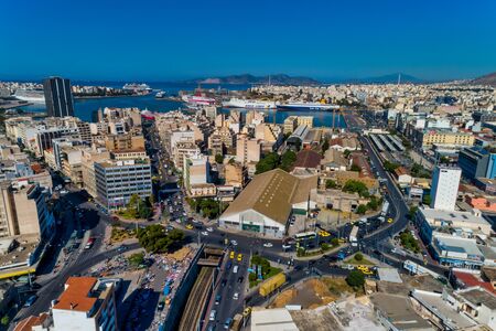 Piraeus, Greece - May 30, 2019: Aerial drone panoramic photo of Piraeus and the famous port in daylight, Attica, Greece. The port of Piraeus is the chief port in Greece, the largest passenger port in Europeのeditorial素材