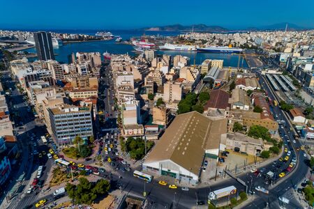 Piraeus, Greece - May 30, 2019: Aerial drone panoramic photo of Piraeus and the famous port in daylight, Attica, Greece. The port of Piraeus is the chief port in Greece, the largest passenger port in Europeのeditorial素材