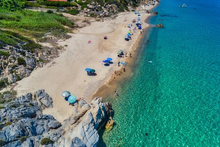 View of Fava Beach in Vourvourou at Chalkidiki, Greece. Aerial Photography.
