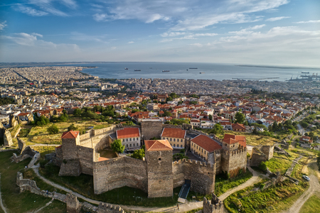 Aerial view of the old Byzantine Castle in the city of Thessaloniki , Greece. Yedi Koule was the highest security prison until 1989のeditorial素材