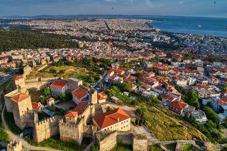 Aerial view of the old Byzantine Castle in the city of Thessaloniki , Greece. Yedi Koule was the highest security prison until 1989のeditorial素材