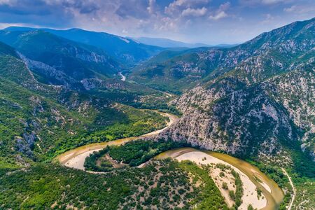 Aerial view of the river Nestos in Xanthi, Greece. The Nestos River forms on its long journey...