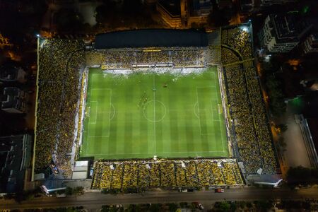Thessaloniki, Greece, August 25, 2019: Aerial shot of the Kleanthis Vikelidis Stadium full of fans...
