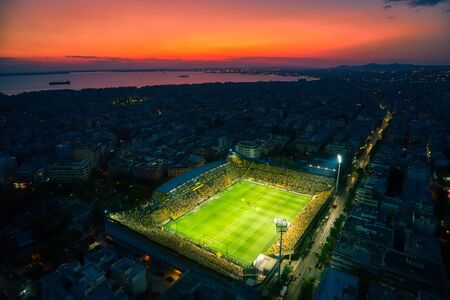 Thessaloniki, Greece, August 25, 2019: Aerial shot of the Kleanthis Vikelidis Stadium full of fans...