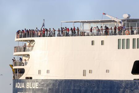 Thessaloniki, Greece â€“ Sept 3, 2019: Refugees and migrants disembark to the port of...