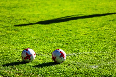 Horst, Netherlands, July 14, 2018: Football ball on the soccer field during the trainingのeditorial素材