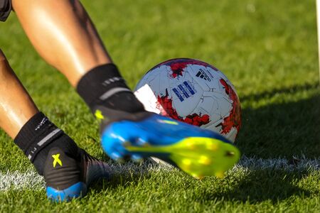 Horst, Netherlands - June 25, 2018: Closeup of soccer ball and feet of the player during the trainingのeditorial素材
