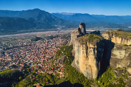 Aerial view of the city of Kalampaka where the main attraction of the north of Greece is located - the Christian temple complex of Orthodox monasteries in Meteora rock monasteriesの写真素材