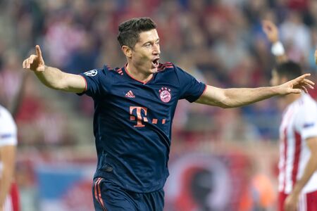 Piraeus, Greece - October 22, 2019: Player of Bayern Robert Lewandowski celebrate during the UEFA Champions League game between Olympiacos vs Bayern at Georgios Karaiskakis stadiumのeditorial素材