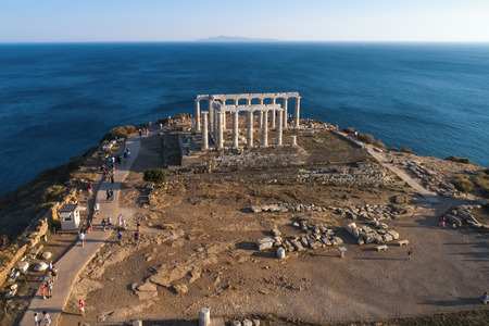 Aerial view over the ancient Temple of Poseidon at Cape Sounio, Attica, Greeceのeditorial素材