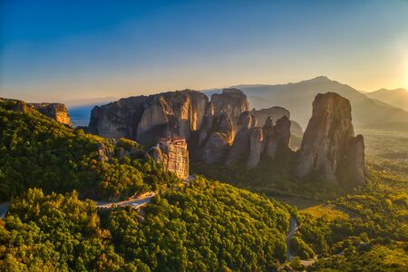 aerial view from the Monastery Rousanou on top of the cliff in Meteora near Kalabaka, Trikala,...